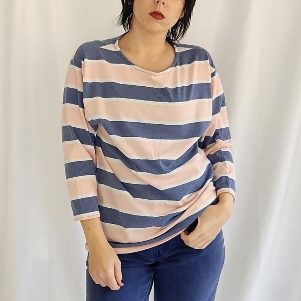 90s Blue and‎ Pink Three Quarter Sleeve Tee